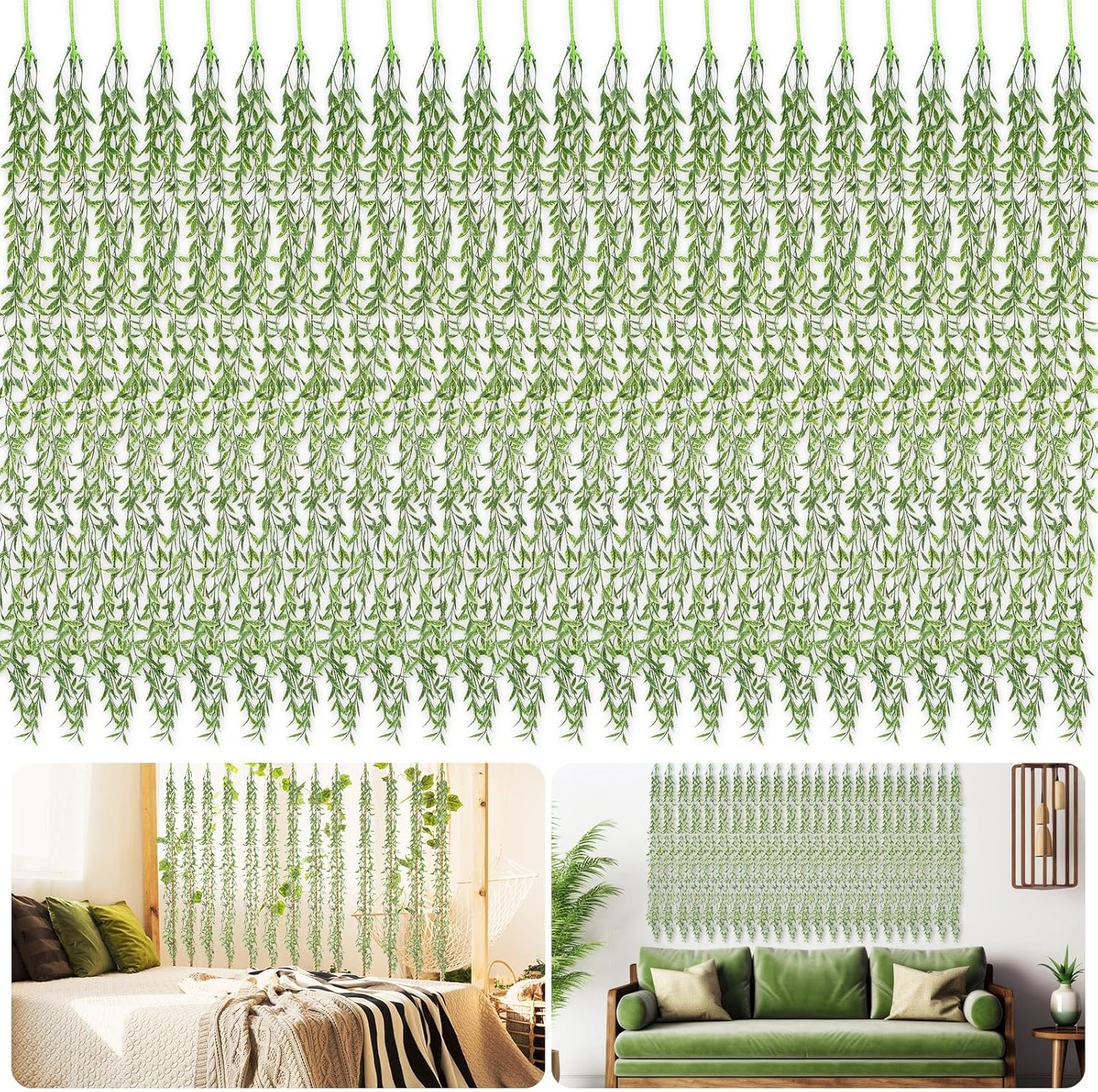 Riceshoot 48 Pcs Artificial Hanging Vines Fake Weeping Willow Leaves Decor Fake Seaweed Artificial Vines Greenery Garland for Wedding Party Backdrop Wall Decor Garden Patio Backyard (Dark Green)