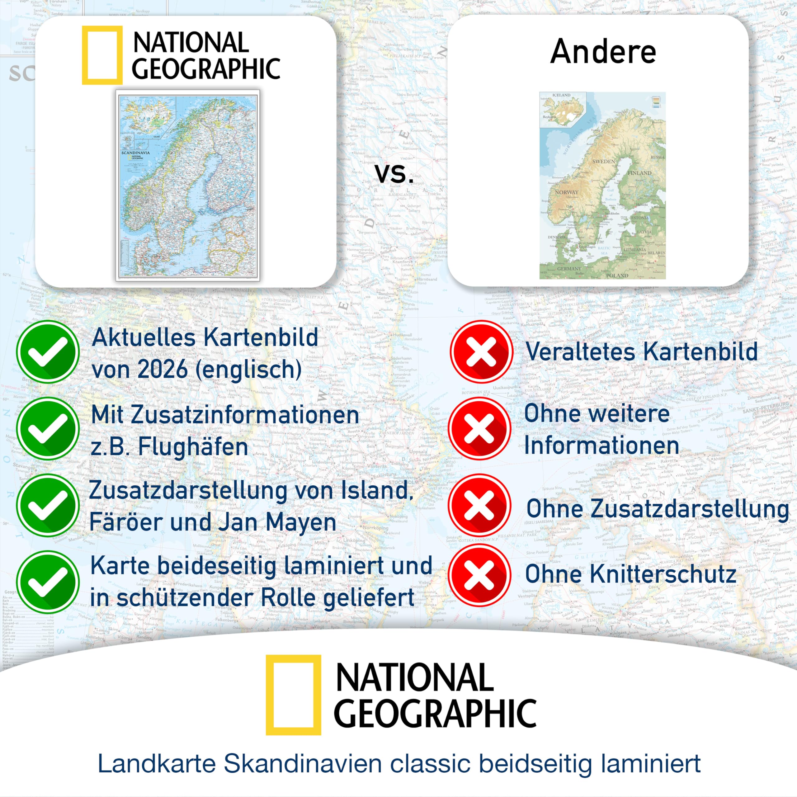 ORBIT Globes & Maps - Skandinavien Landkarte, Kartenbild von National Geographic - Landkarte classic beidseitig laminiert, Aktuell 2026, 58 x 76 cm, englisch