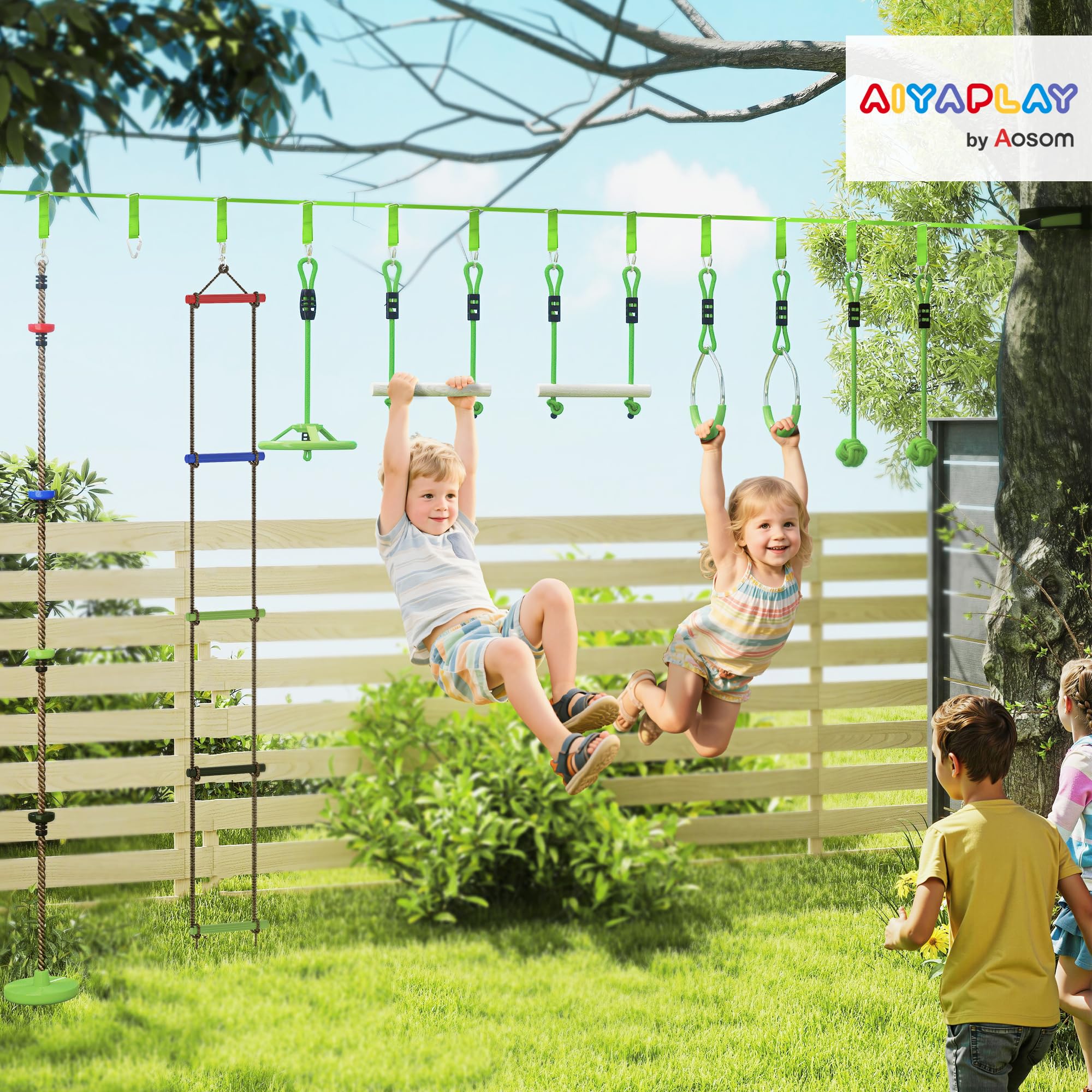 AIYAPLAY Ninja Slackline 10 m für Kinder Ninja Warrior Hindernisparcours Set mit Slackline Turnringe, Spinnerrad, Schaukel, Kletterstangen, Hängetablett, Kletterleiter, Hinderniskurs im Garten Outdoor