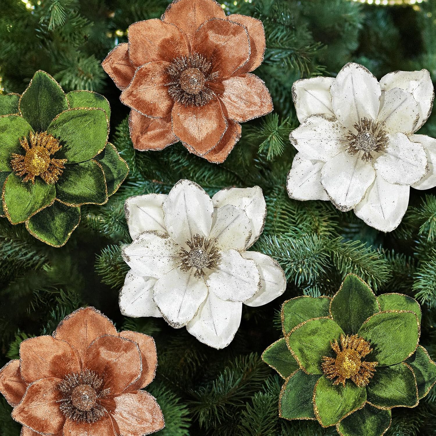 20pcs Christmas Magnolia Flowers Velvet Poinsettia Artificial Flowers Glitter Christmas Tree Ornaments 6.4" for Xmas New Year Wedding Party Holiday Decoration(Beige, Light Brown, Dark Brown)