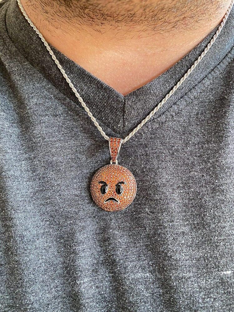 sickfumedot☆Ice 1 Necklace HarlemBling Solid 925 Sterling Silver - Iced Red Angry Face