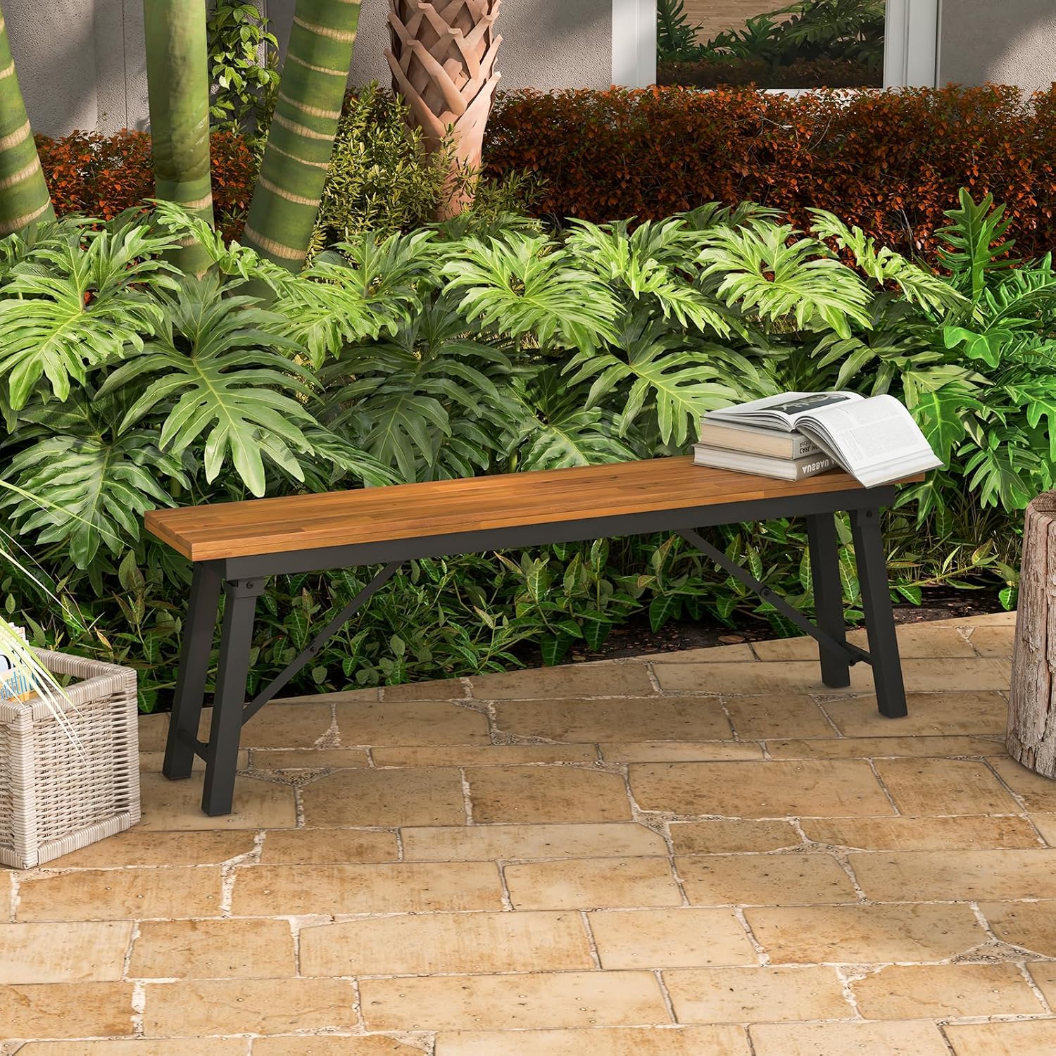HAPPYGRILL Folding Picnic Table Bench Set, Acacia Wood Dining Table Bench w/Metal Frame, Portable Camping BBQ Table Bench, Rectangular Dining Table for Indoor Outdoor Activities Garden Yard Patio