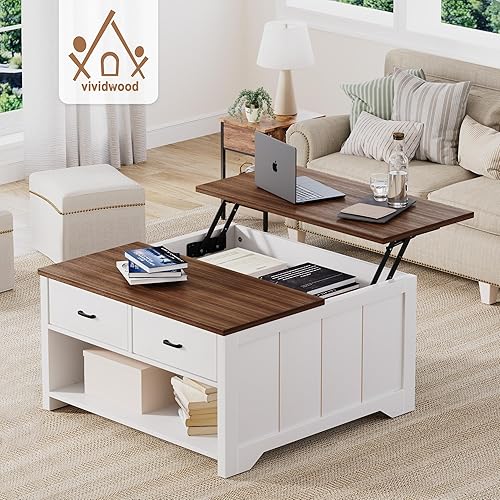 Miniatura 3 de Mesa auxiliar elevable, mesa de té de madera con gran almacenamiento abierto, mesas de centro cuadradas para sala de estar, mesas de café rústicas