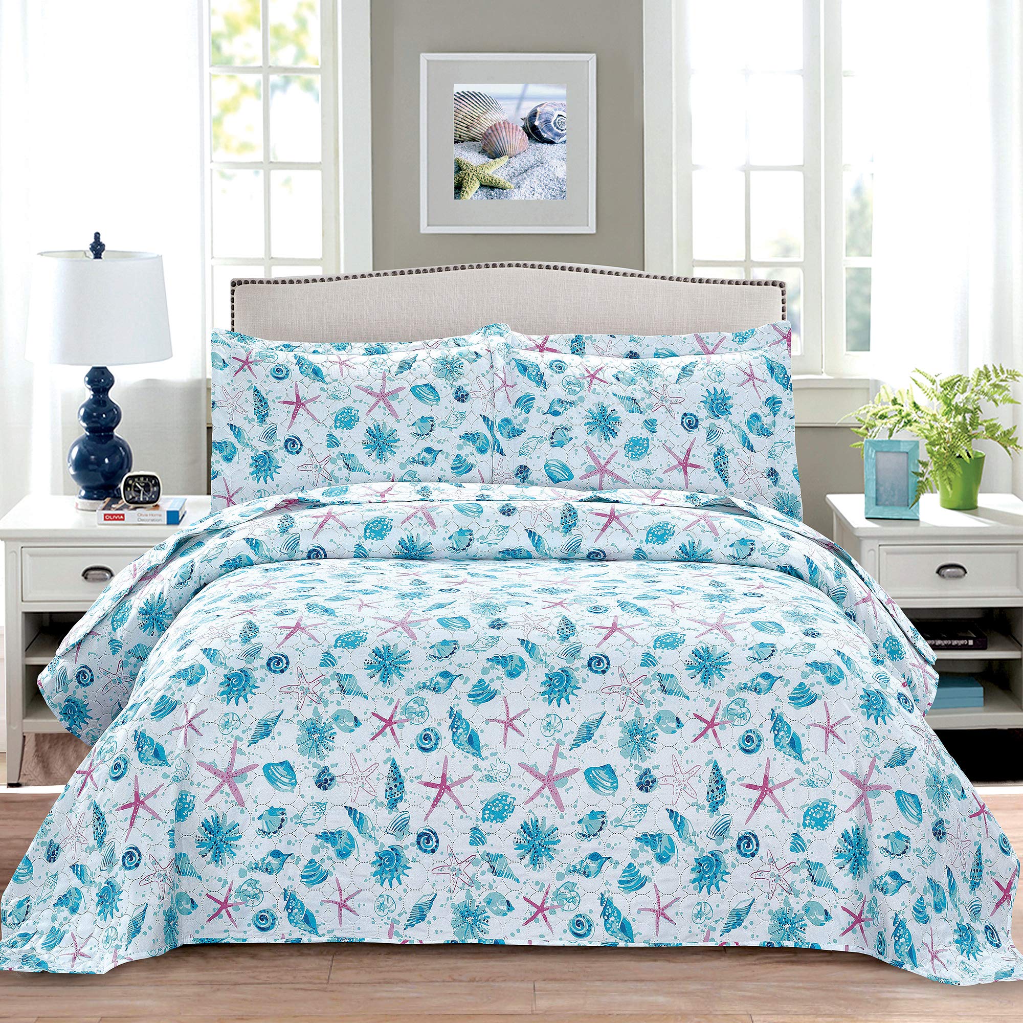 Queen Size Quilts Bedspread Set Beach Queen Quilt Set Bedding Coastal Summer Ocean Quilts Collection Bedding Beach Bedspread Coverlet Reversible Lightweight Bedding Pink Starfish Aqua Home Quilt Set