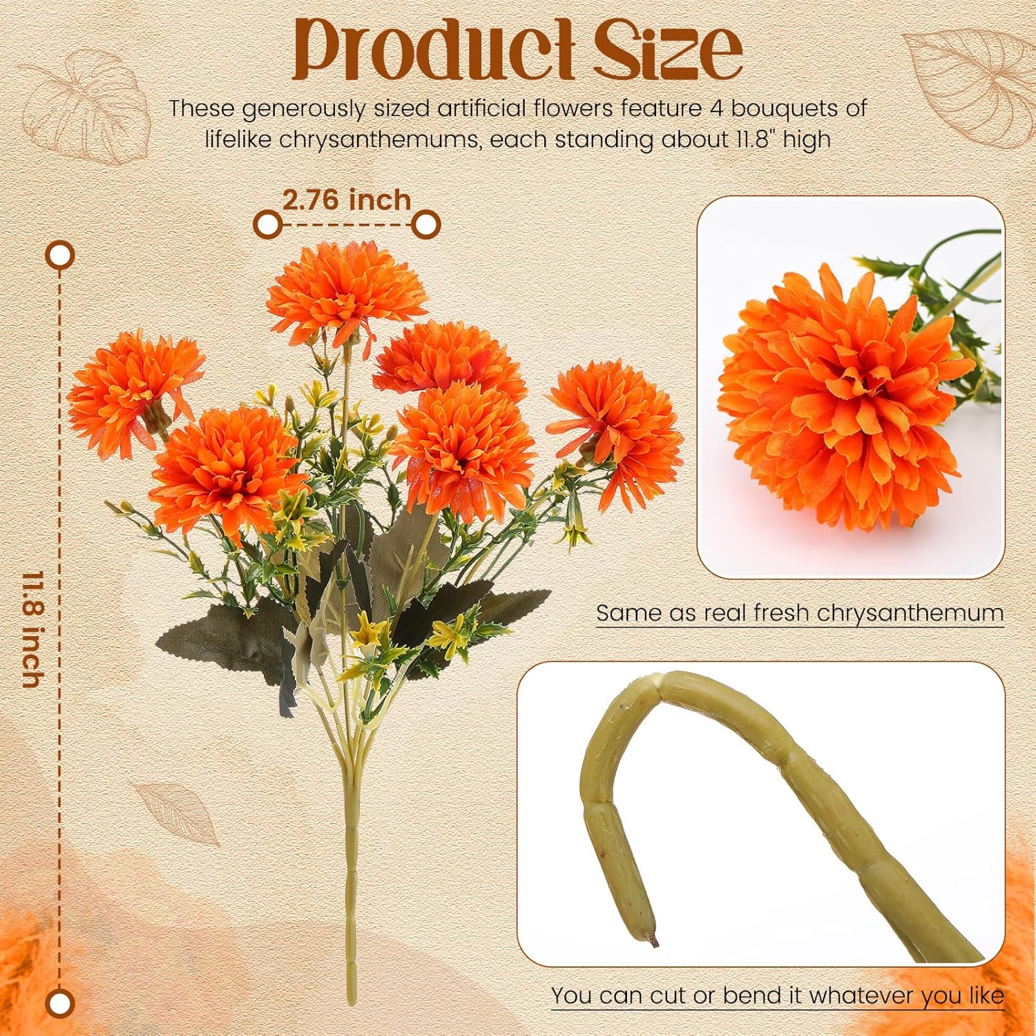24 Heads Artificial Chrysanthemums Flowers Bouquets Silk Chrysanthemum Ball Fake Mum Artificial Mums for Outdoors Faux Silk Ball Flower for Home Table Centerpieces Decor (Orange) - Image 2
