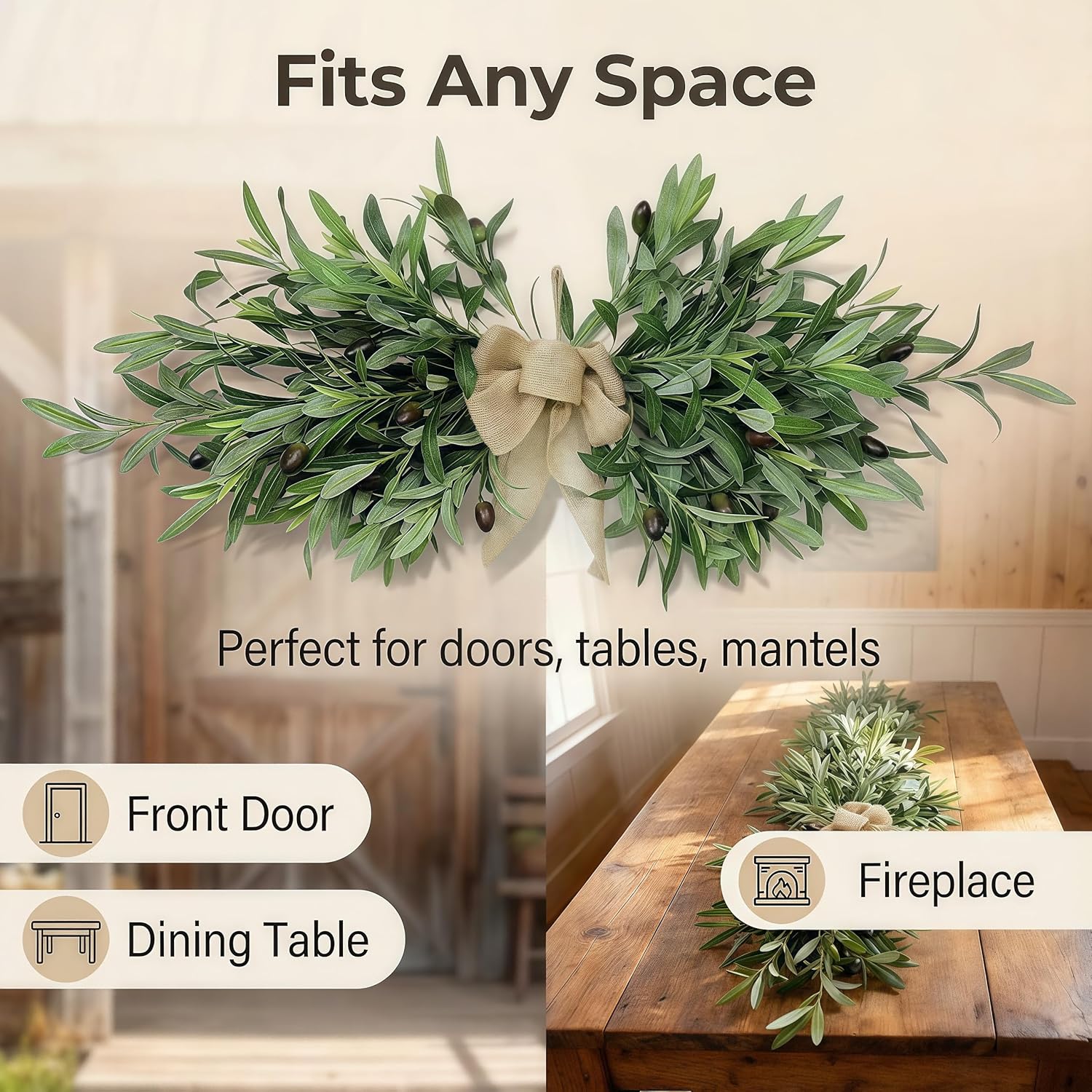 2026 Summer Upgraded Farmhouse Olive Leaf Greenery Swag with Premium Burlap Bow – Realistic Faux Foliage Decor with Full Design for Mantel, Table Centerpiece, Door & Mirror Display (Green 2Pcs)