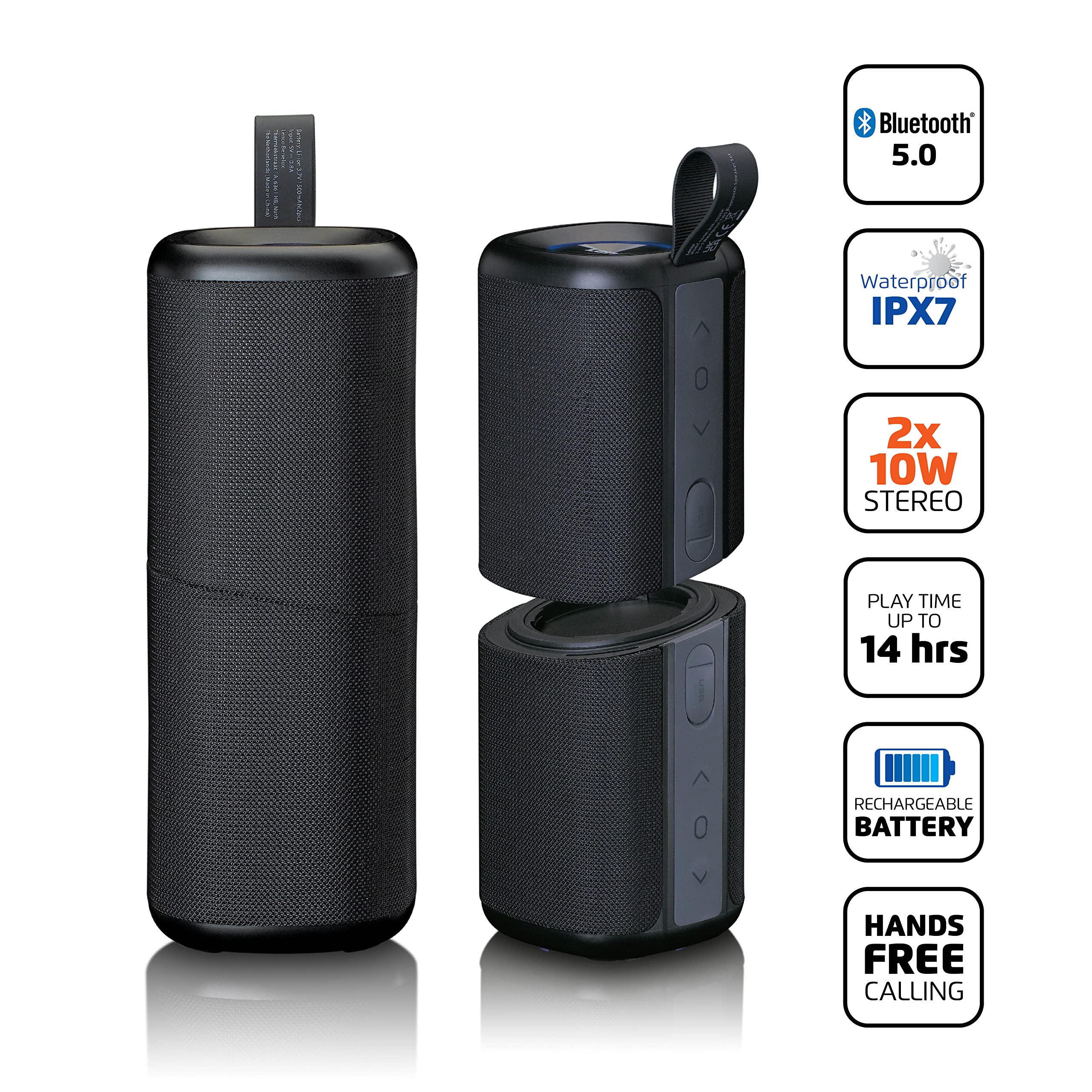 Lenco BTP-400 głośnik Bluetooth – 2 w 1 głośnik Bluetooth – TWS – 2 x 10 W RMS – prawdziwy dźwięk stereo – dzielony wodoszczelny (IPX7), czarny