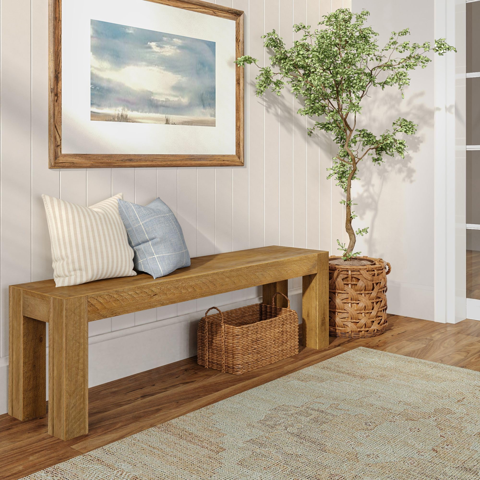 Plank+Beam Camden Dining Bench, 58 Inch, Rustic Barnwood | Low-VOC Finish, Rustic Finish, Solid Wood