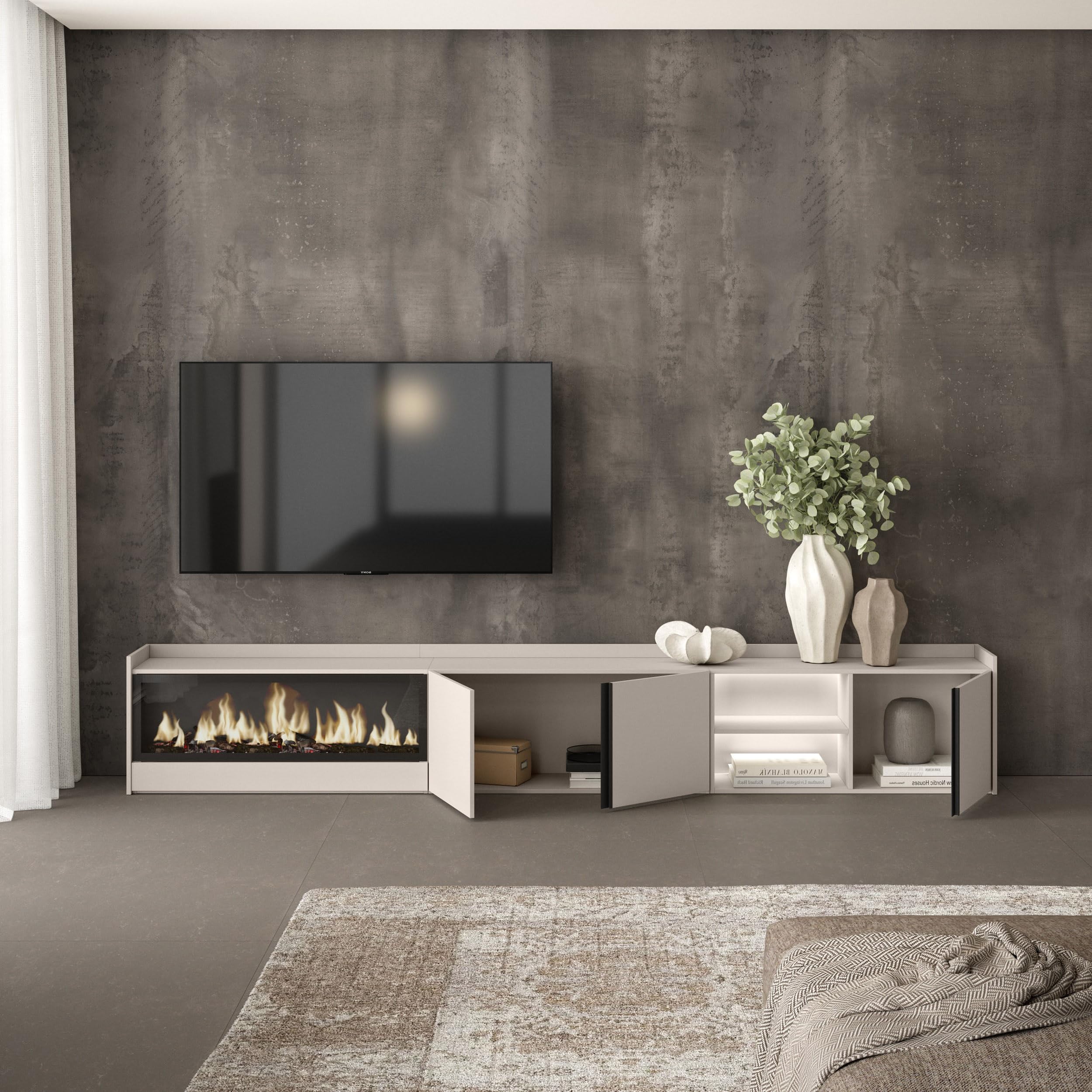 Skraut Home | Mobile TV Soggiorno | Ampio spazio a disposizione | 315x50x35 cm | Per TV fino a 80" | Camino elettrico XXL | LED | Stile moderno | Beige