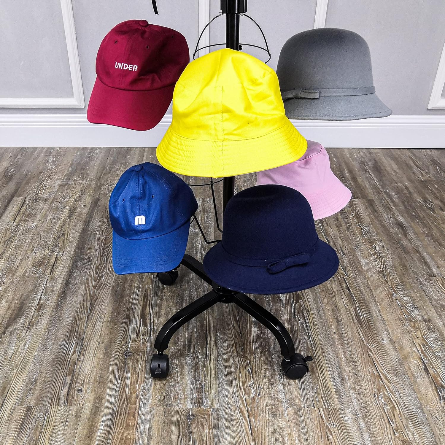 FixtureDisplays® 6-Tier 24 Hat Rotating Hat Display Rack Free Standing Headwear Wig Rack Metal Floor Rack for Caps, Wigs & Hats 20X20X74" 18164-BLACK