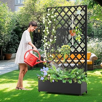 Metal Planter Box with Trellis, Raised Garder Bed with Drainage Hole, Privacy Screen & Trellis for Climbing Plants, Outdoor Plant Stands, 35L17W73H, Black