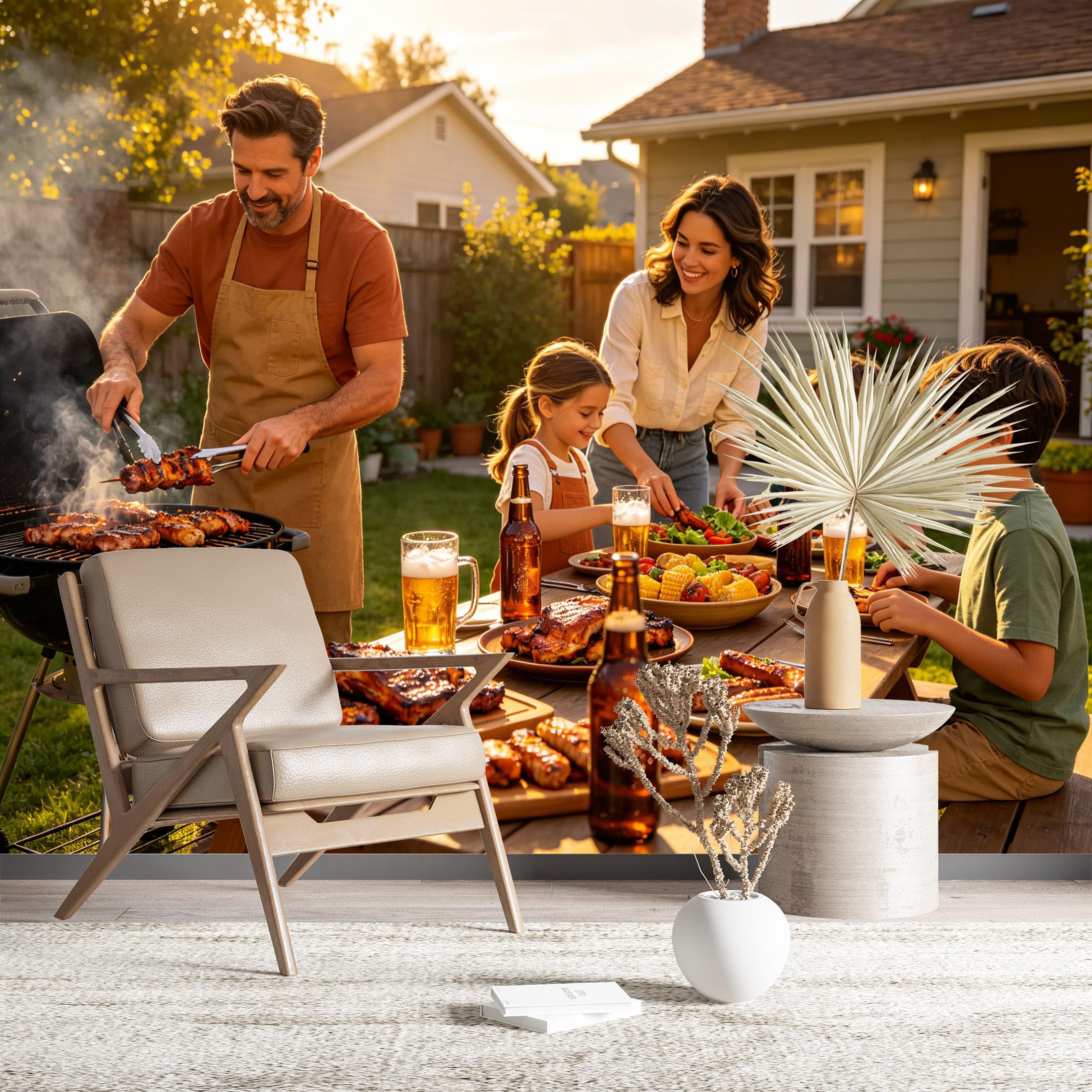 Custom Size Wall Murals Family Backyard BBQ Feast Full Wall Self-Adhesive Wall Fabric (NO PVC) Removable Wallpaper for Kitchen Dining Room