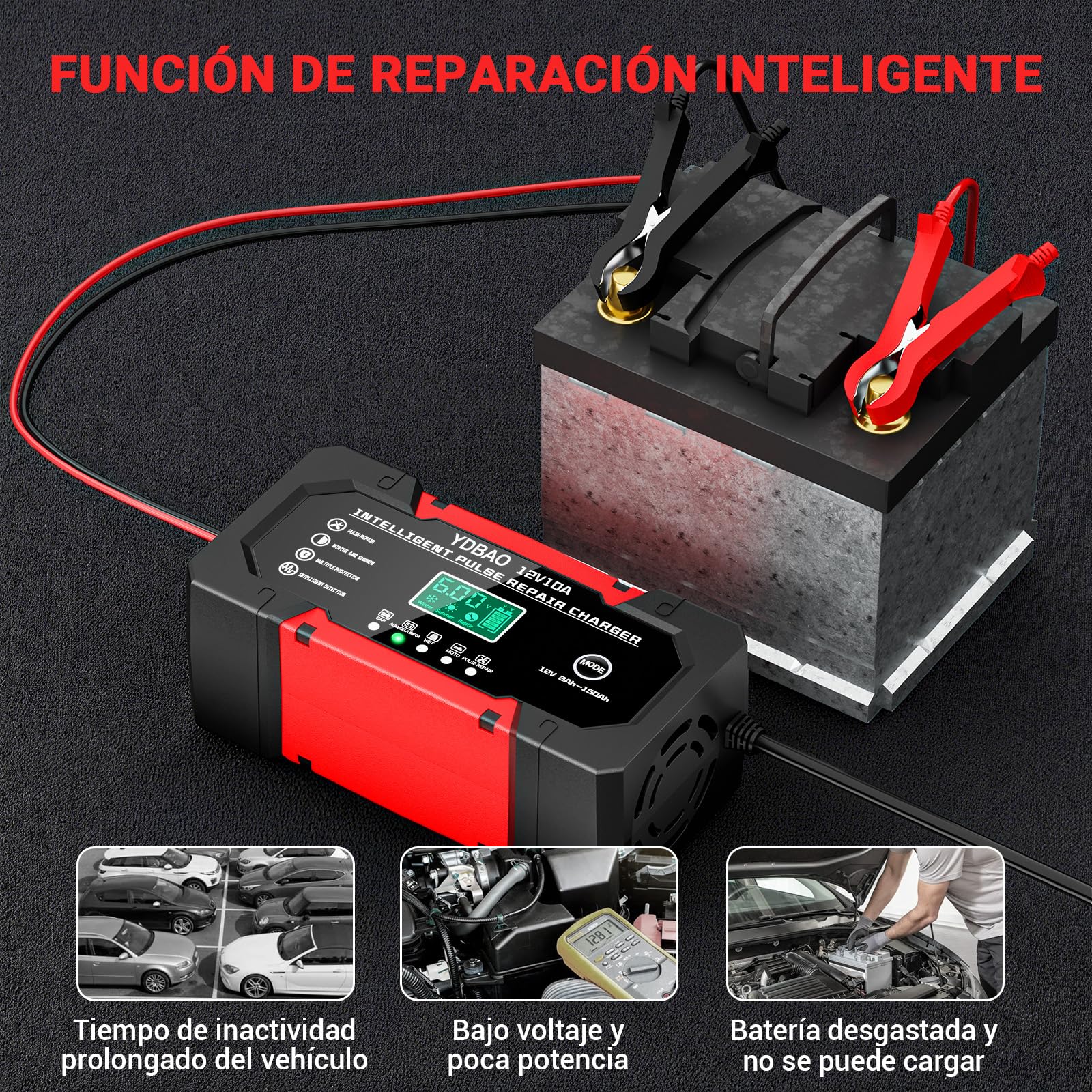 YDBAO Cargador Baterias Coche 12V 10A Cargador de baterias Coche y Moto Inteligente con Reparación y Pantalla LCD y Múltiples Protecciones Cargadors de batería para Auto,Moto, Camión, AGM, SLA, Gel — view 6