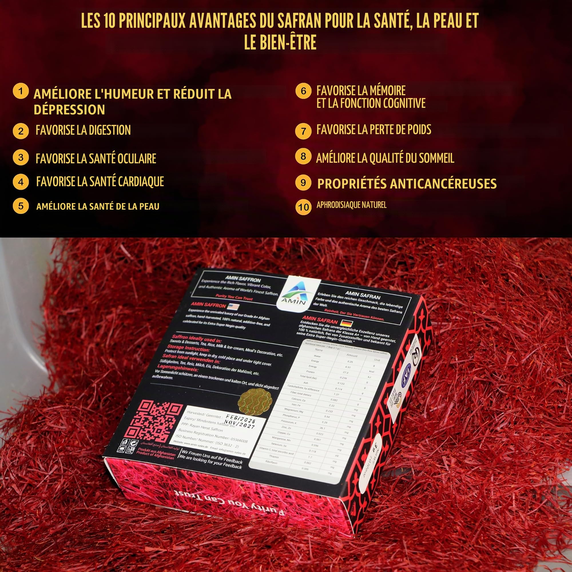 Amin Saffron Threads | Premium (Super Negin) Quality Saffron | 100 % naturel, harvested à la main et testé en laboratoire (5 g)