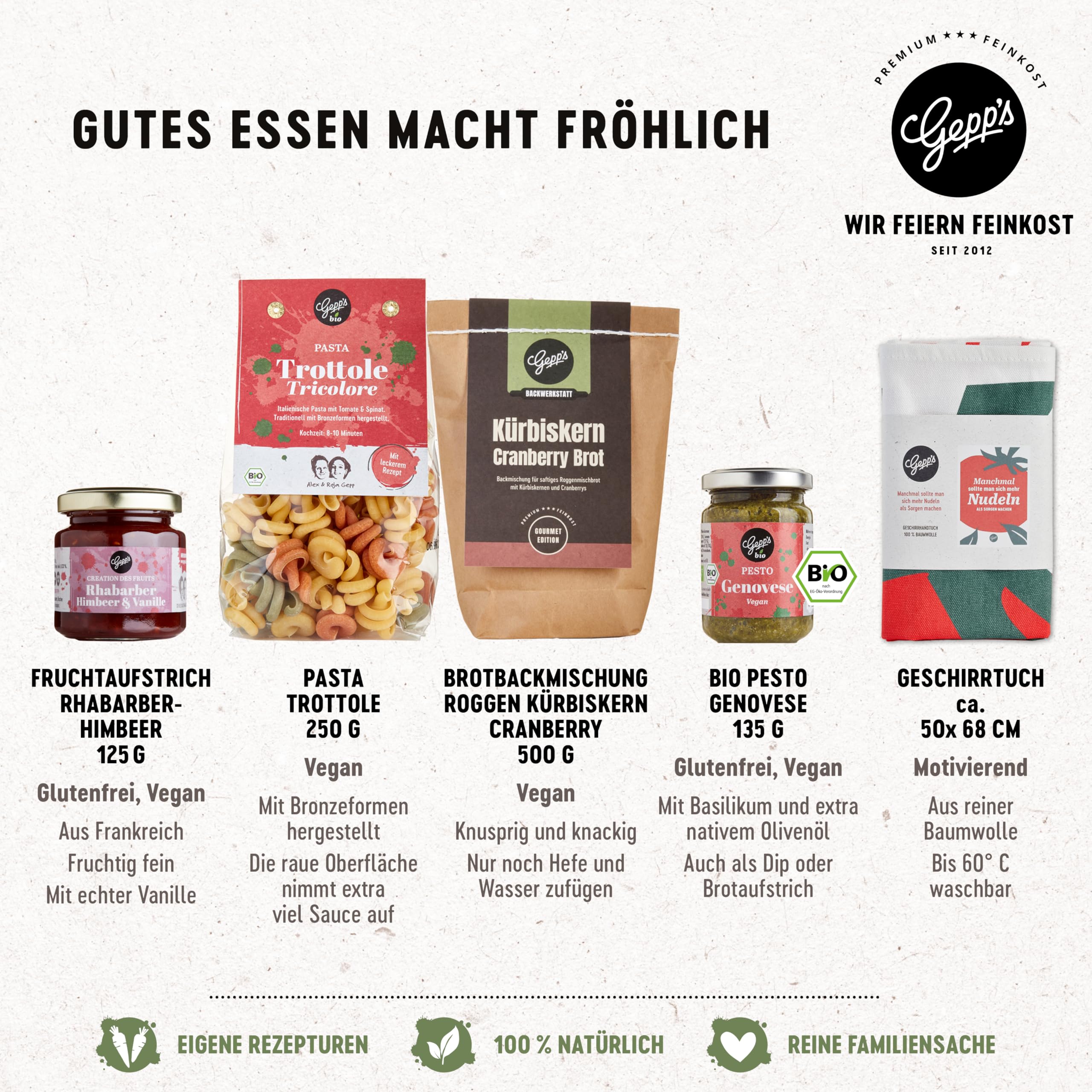 Gepp's Feinkost Geschenkkorb mit vielen Delikatessen & Geschirrtuch I Geschenkset mit Gourmet-Pesto, Pasta-Gewürz, Brotbackmischung,Bio-Olivenöl & Kräutersalz I Präsentkorb