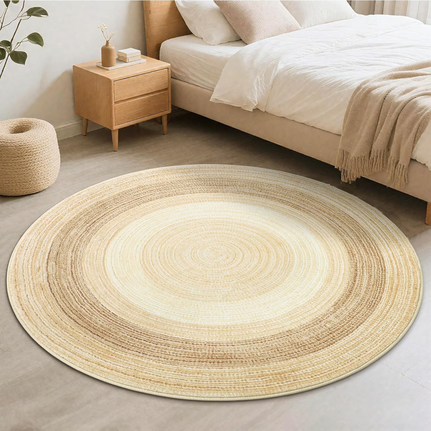 Carvapet 5 ft Round Washable Rug, Imitation Jute Low Pile Circle Carpet with Non Slip Rubber Backing, Foldable Stain Resistant Area Rug for Living Room Bedroom Office Bathroom