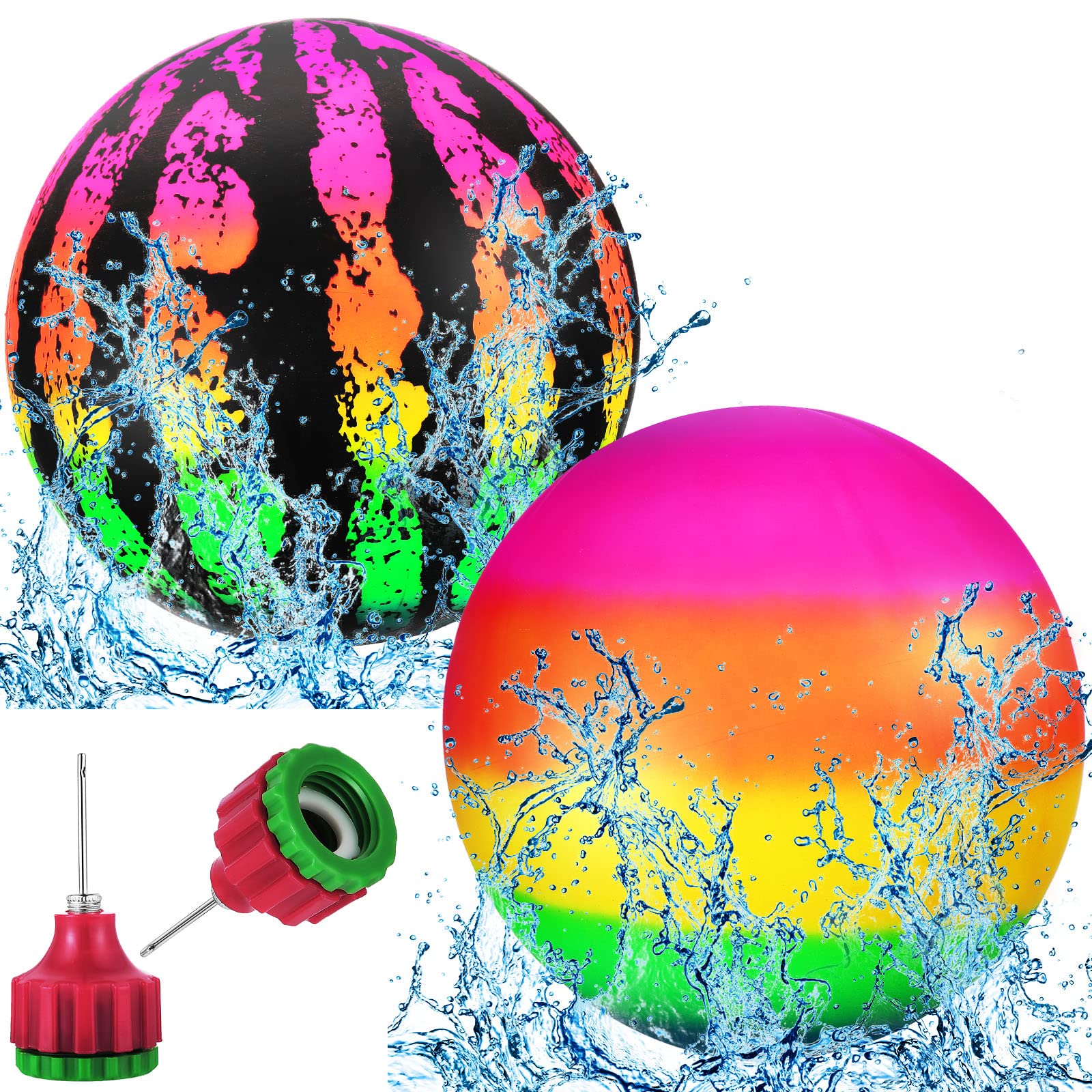 Skylety 2 Pcs Swimming Pool Diving Balls 9 Inch Underwater Pool Watermelon Rainbow Inflatable Ball with Hose Adapter for Under Water Passing Dribbling