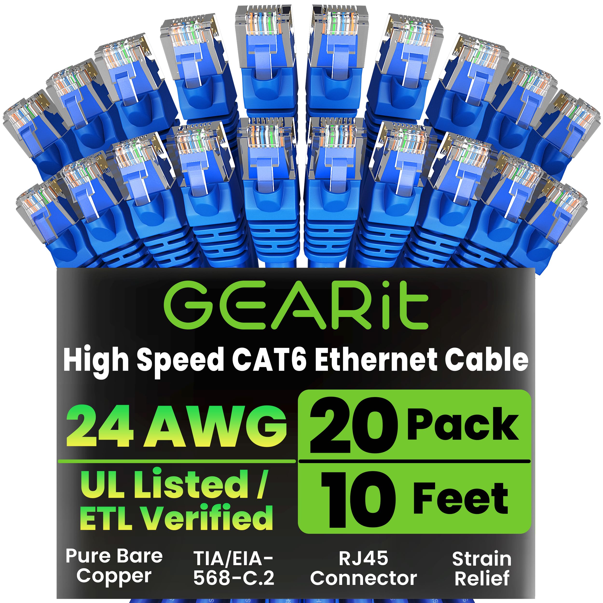 GEARit Cat 6 Ethernet Cable Pack - 20-Pack 10 ft Cat6 Ethernet Patch Cables | RJ45 Network Patch Cable, 10 Gbps Snagless Gold-Plated Connectors -
