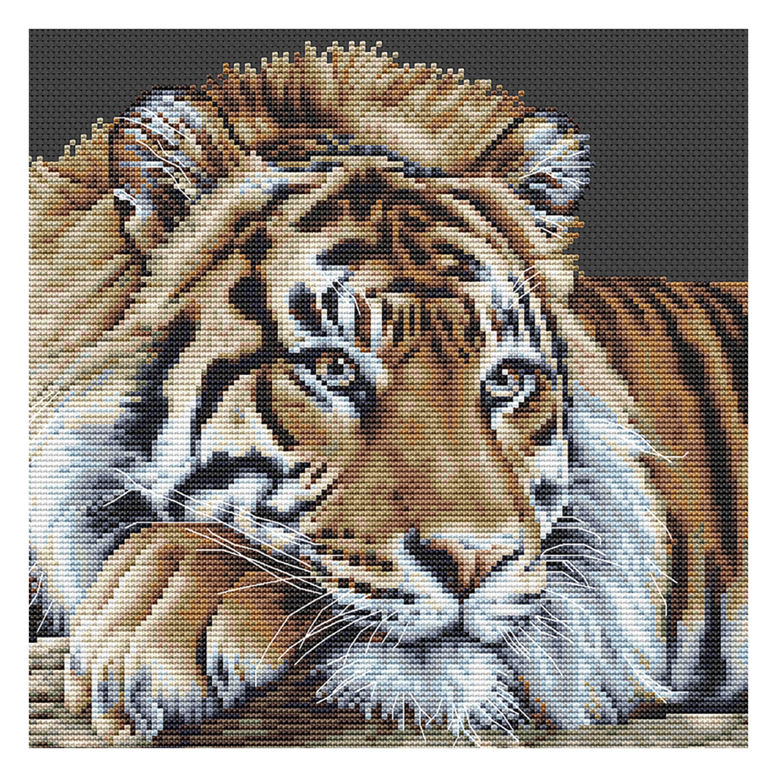 Thea Gouverneur - Counted Cross Stitch Kit - Tiger - Black Aida - 14 Count - Embroidery Kit for Adults - DMC Embroidery Threads and Other Cross Stitch Supplies Included - 579.05