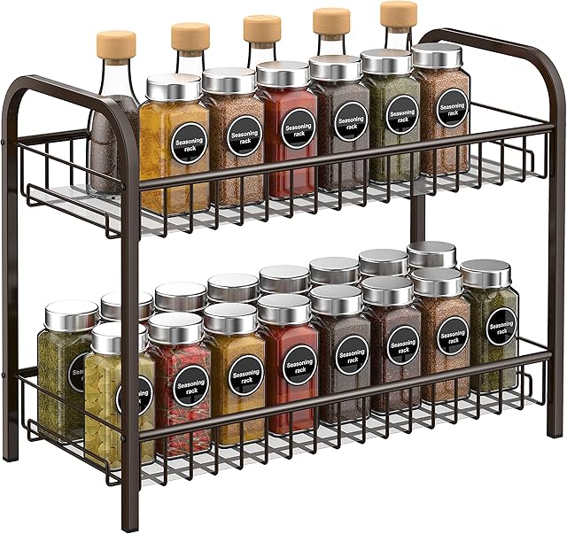 Spice rack 2-Tiers Kitchen Cabinet Shelf Standing Organizer Counter Spice Racks space-saving storage,Bronze