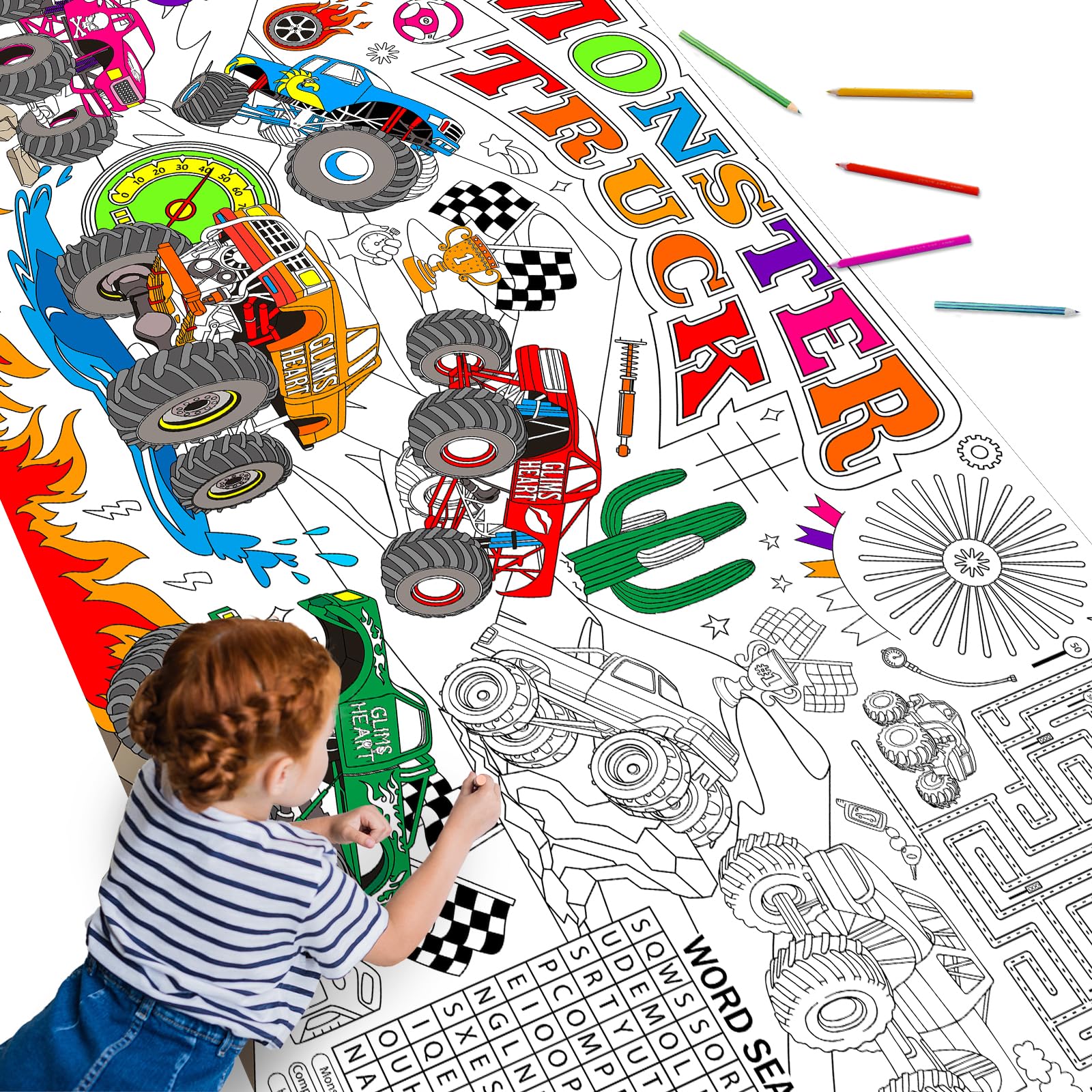 Naozinebi Monster Trucks Coloring Poster for Kids Giant Coloring Poster Large Coloring Tablecloth Jumbo Monster Truck Wheels Coloring Activities Books Supplies for Classroom Home Birthday Party Favor