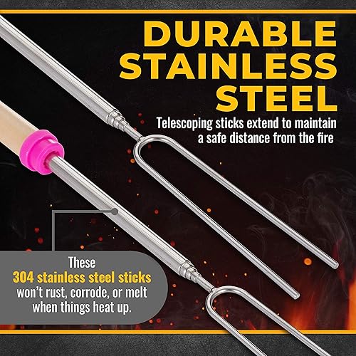 Miniatura 3 de CORQUE Palitos de tostado de malvavisco palos de olor extensibles brocheta de campamento para hogueras mango de madera metal de 32 pulgadas para