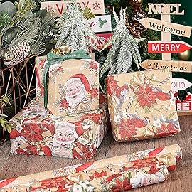 RUSPEPA Kraft Christmas Wrapping Paper Set, Jumbo Roll, Vintage Santa, Bird, Poinsettia,and Gold Snowflake Plaid Design, Kraft Gift Wrap for Christmas, Holiday, 4 Rolls, 30 Inches x 10 Feet per Roll
