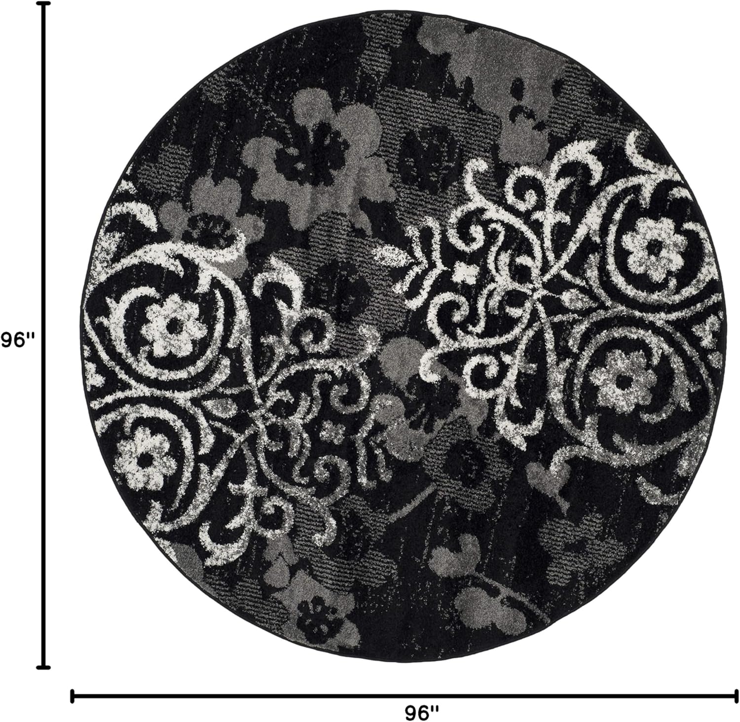 SAFAVIEH Adirondack Collection Area Rug - 8' Round, Black & Silver, Floral Glam Damask Distressed Design, Non-Shedding & Easy Care, Ideal for High Traffic Areas in Living Room, Bedroom (ADR114A)