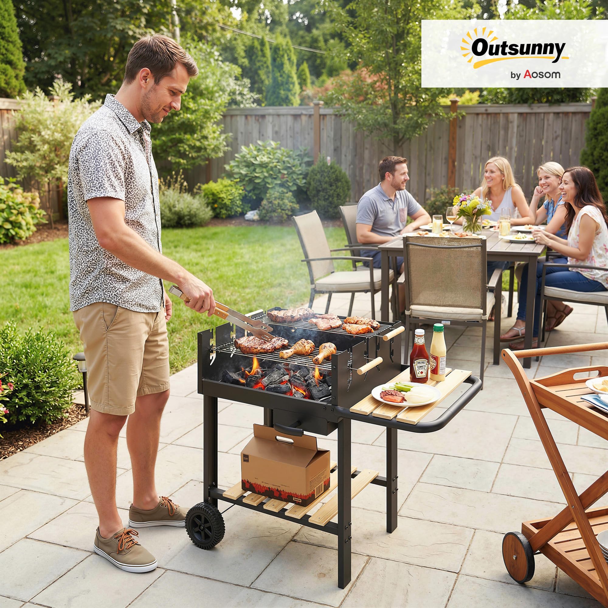 Outsunny Barbecue au Charbon de Bois avec 2 Grilles Réglableset 3 Accessoires, Chariot à Barbecue de Bois, Tablette Latérale, Récupérateur de Cendres et Roues, pour Jardin, Terrasse, Camping, Noir