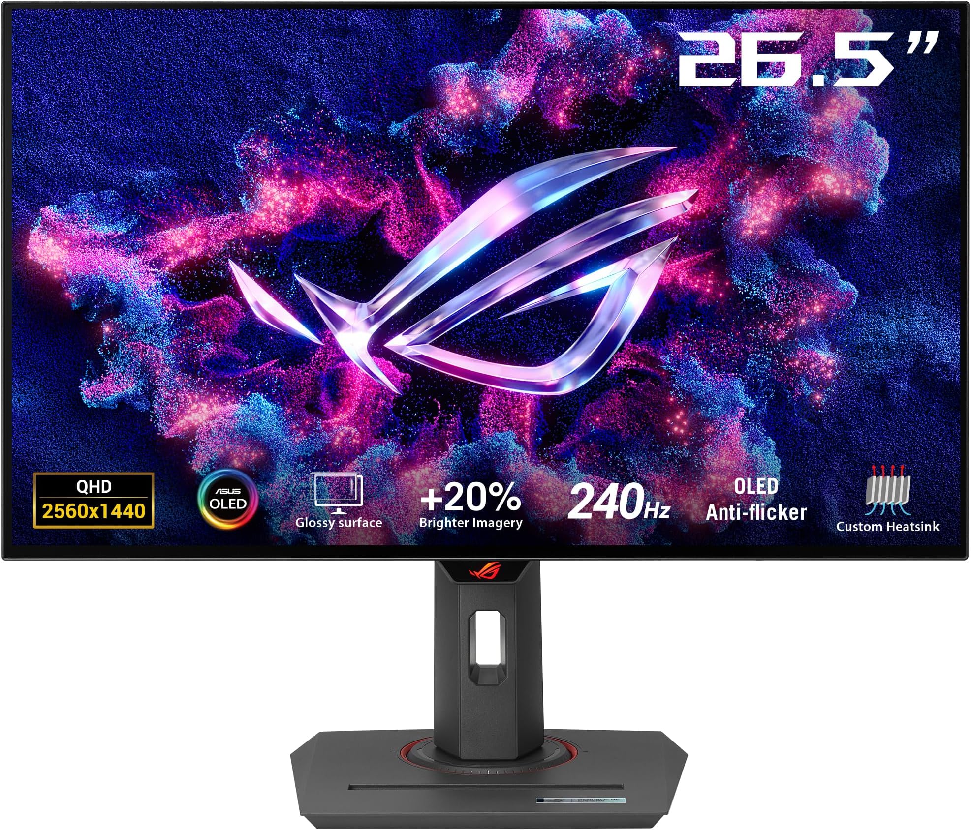 – ROG Strix OLED XG27AQDMG Gaming Monitor: 27-inch (26.5-inch viewable) 1440p glossy WOLED panel, 240 Hz, 0.03 ms, custom heatsink, Anti-flicker, uniform brightness, G-SYNC