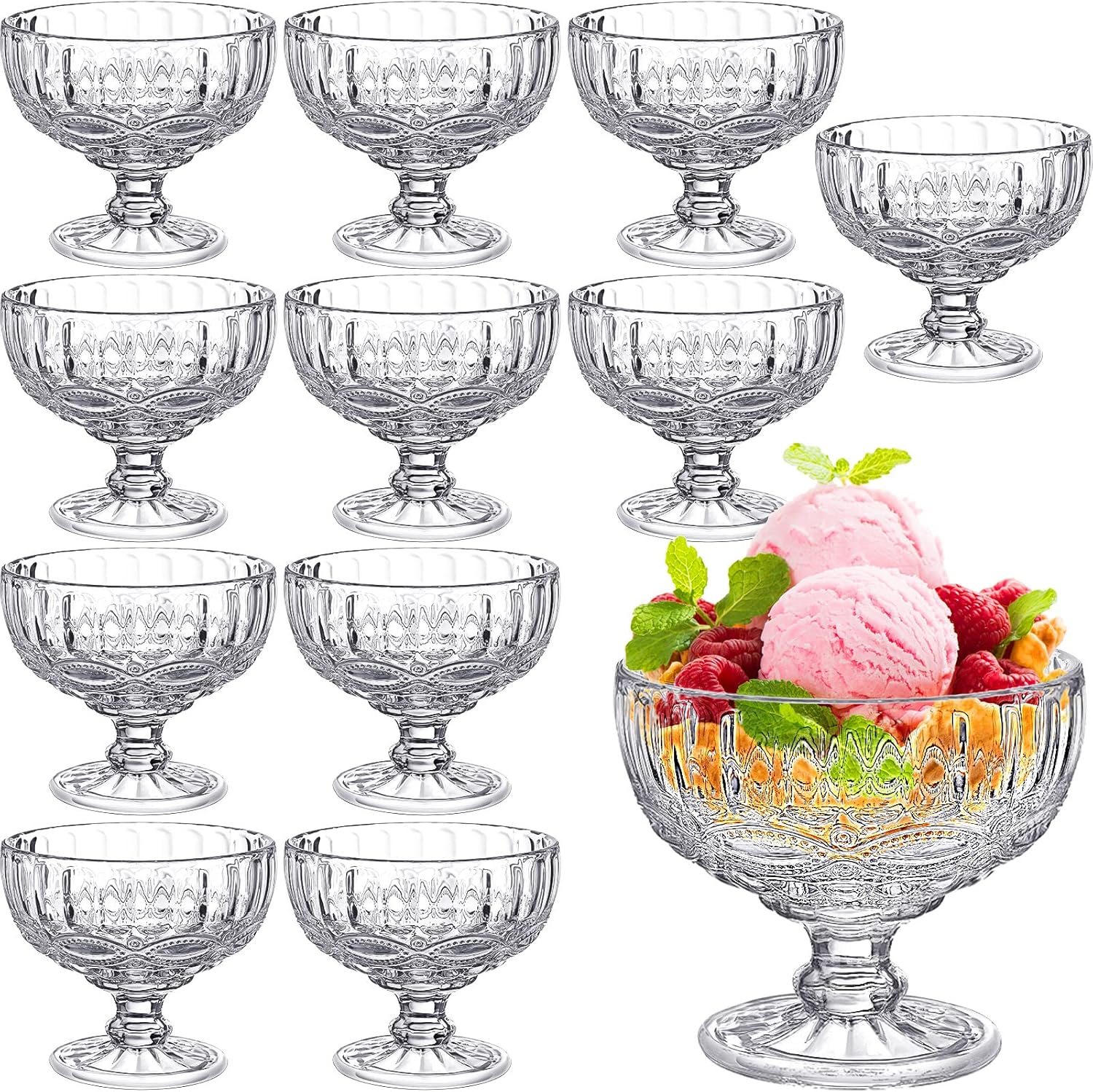 Hoolerry Set of 12 Glass Ice Cream Bowls 10 oz Clear Vintage Dessert