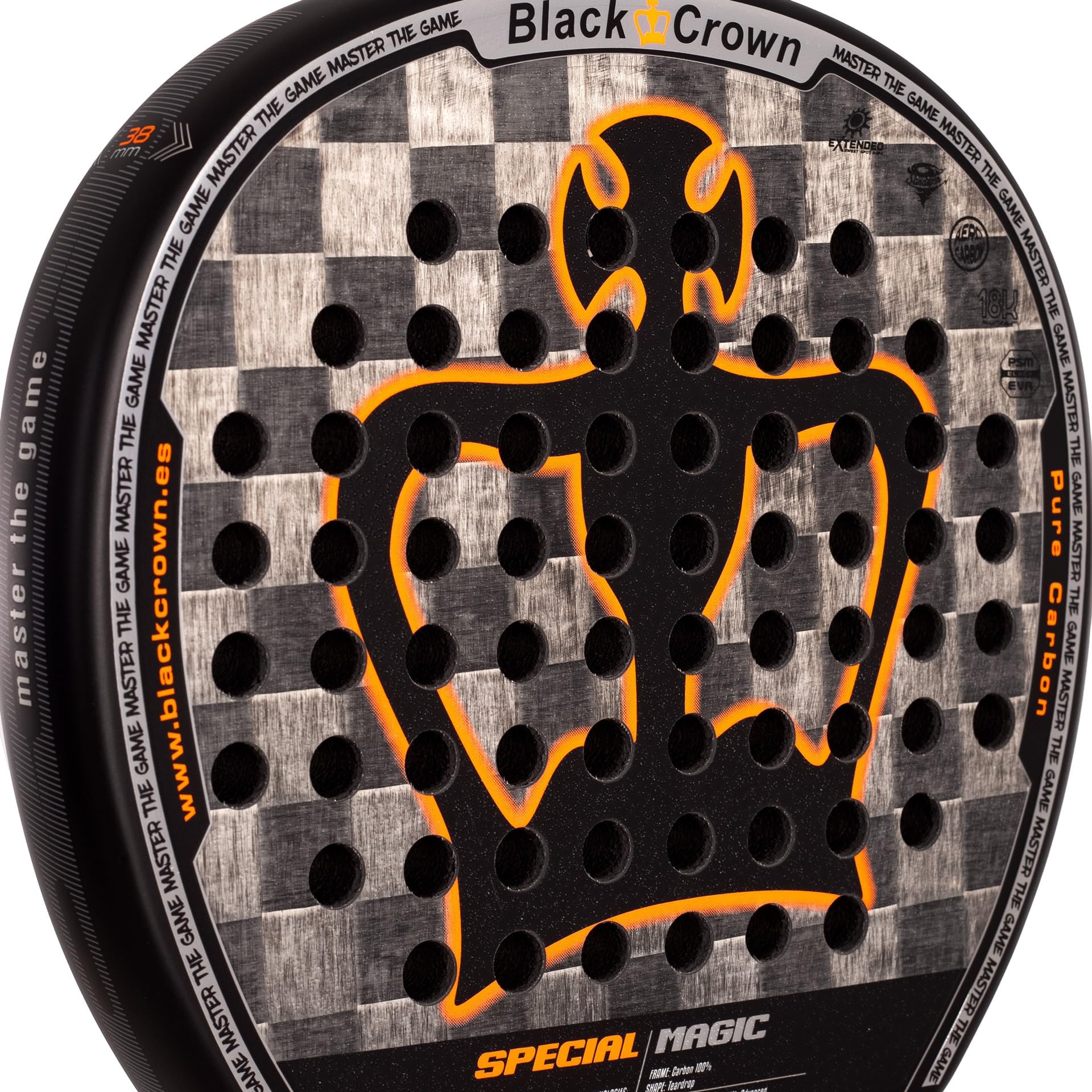 Black Crown - Special Magic Racchetta Padel, Forma a Goccia, Carbonio 18K Alluminizzato, Gomma PSM EVA, Doppio Tubolare 100% Carbonio, Controllo e Potenza, Finitura Sandspin