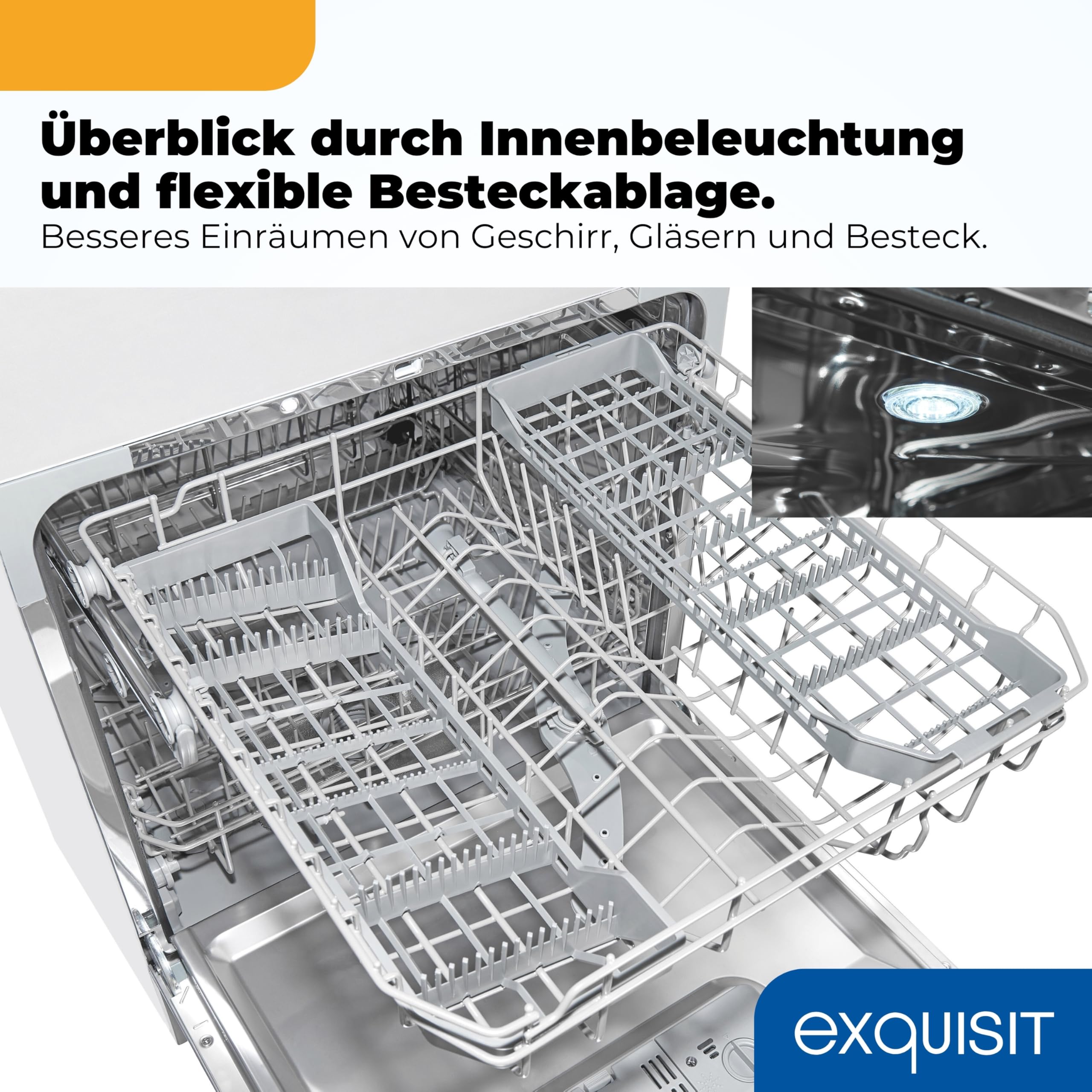 Exquisit GSP5508-030D Tischgeschirrspüler Spülmaschine Weiß 8 Maßgedecke Energieklasse D 7 Programme Extra-Trocknung Auto Door Open Innenbeleuchtung Startzeitverzögerung 49 dB