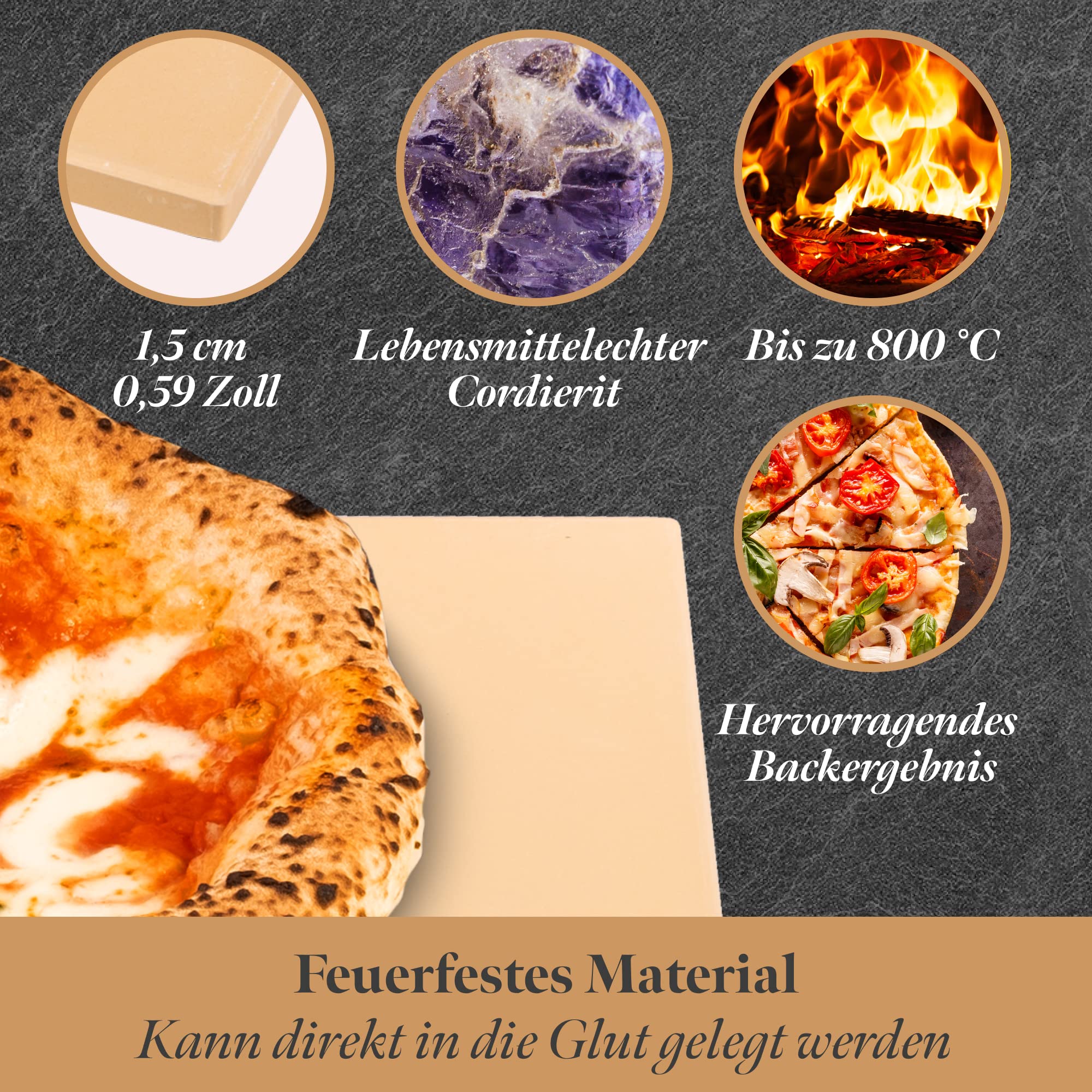Pizzastein Set mit Bambus-Schaufel - 38x30cm Eckig - Cordierite Pizza Stein für Backofen, Gasgrill & Grill - Gleichmäßige Hitzeverteilung & leichte Reinigung