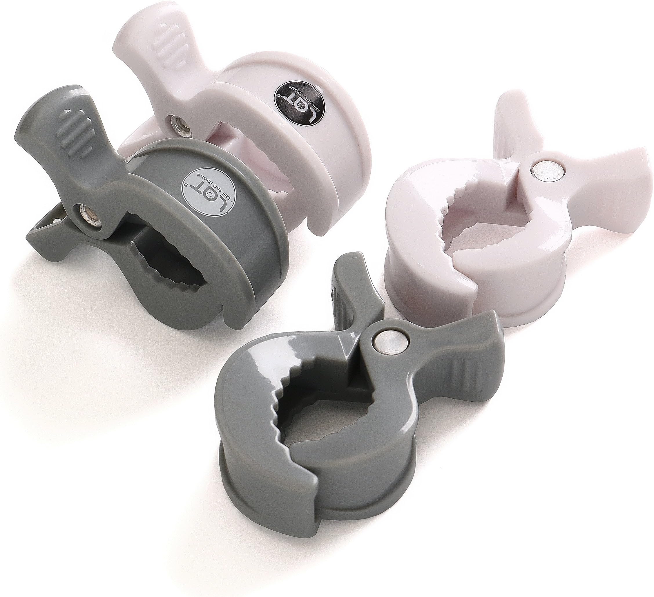LAT 4-Pack Stroller Pegs Clips to Hook Muslin Blanket Sun Shade to Canopy, Pram Toy Holder, Car Seat Cover Clips, Protect Baby Kids from Sun Wind Insects (Grey + White)