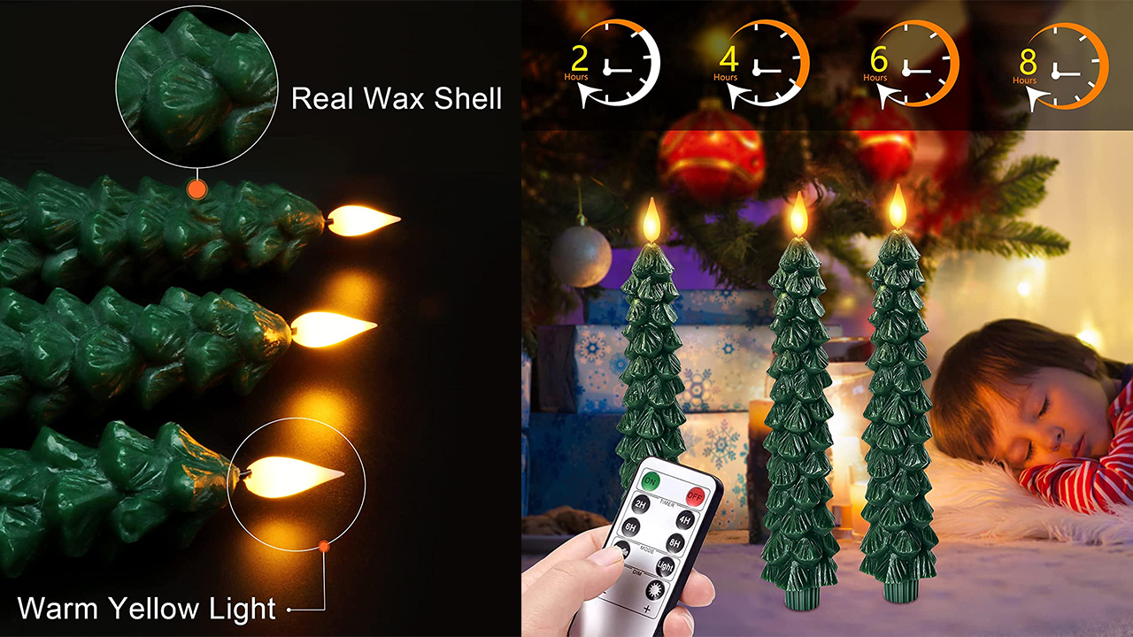 Image of PChero Christmas Tree Taper Candles with Remote Timer, 9.7 Inches, 3 Pack