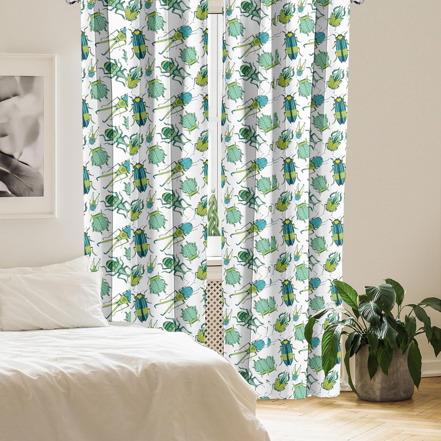 Ambesonne Entomology Curtains, Colorful Detailed Beetles on a White Background, Window Treatments 2 Panel Set for Living Room Bedroom, Pair of - 28" x 95", Green Mint