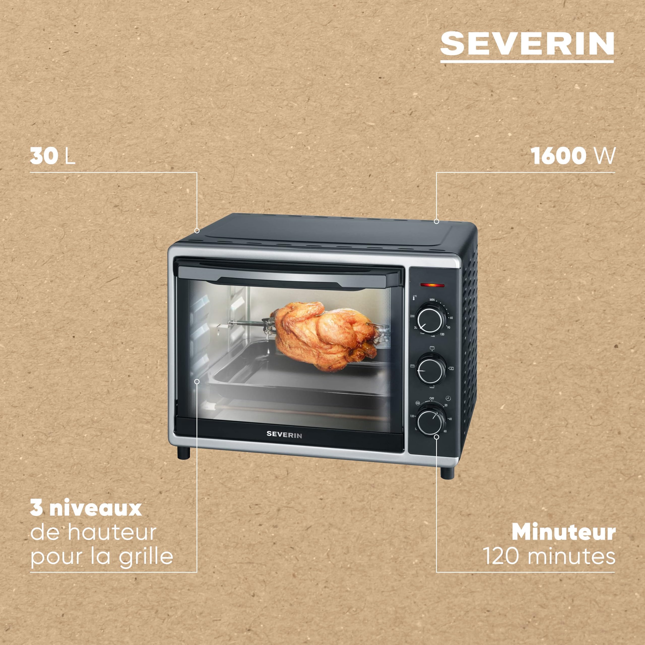 SEVERIN Mini-Four à chaleur tournante 30 L avec tournebroche, Four posable 1 600 W design simple et élégant électrique avec minuteur 120 min, Noir/Inox, TO 2056