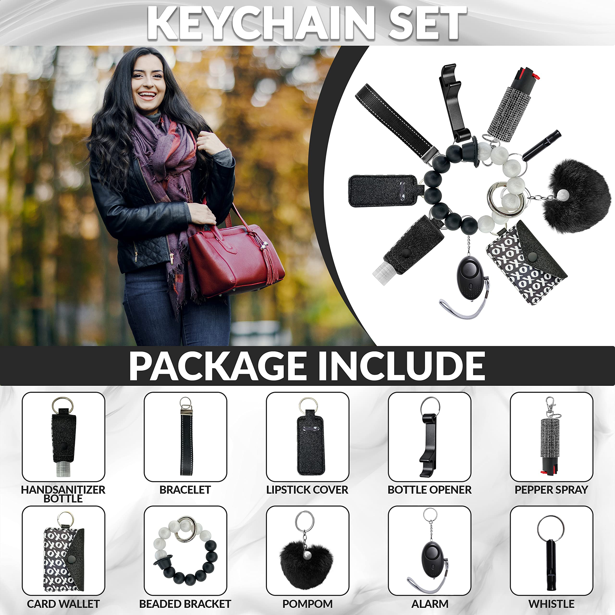 Auxu Keychain Set for Women and Girls Includes Beaded Wristlet, Pom Pom, Credit Card Puller and Personal Alarm