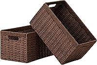 UBBCARE 2-Pack Dark Brown Woven Paper Rope Storage Baskets, 13.4x8.3x7.1 Inch Foldable Shelf Organizers with Handles for Home Organizing