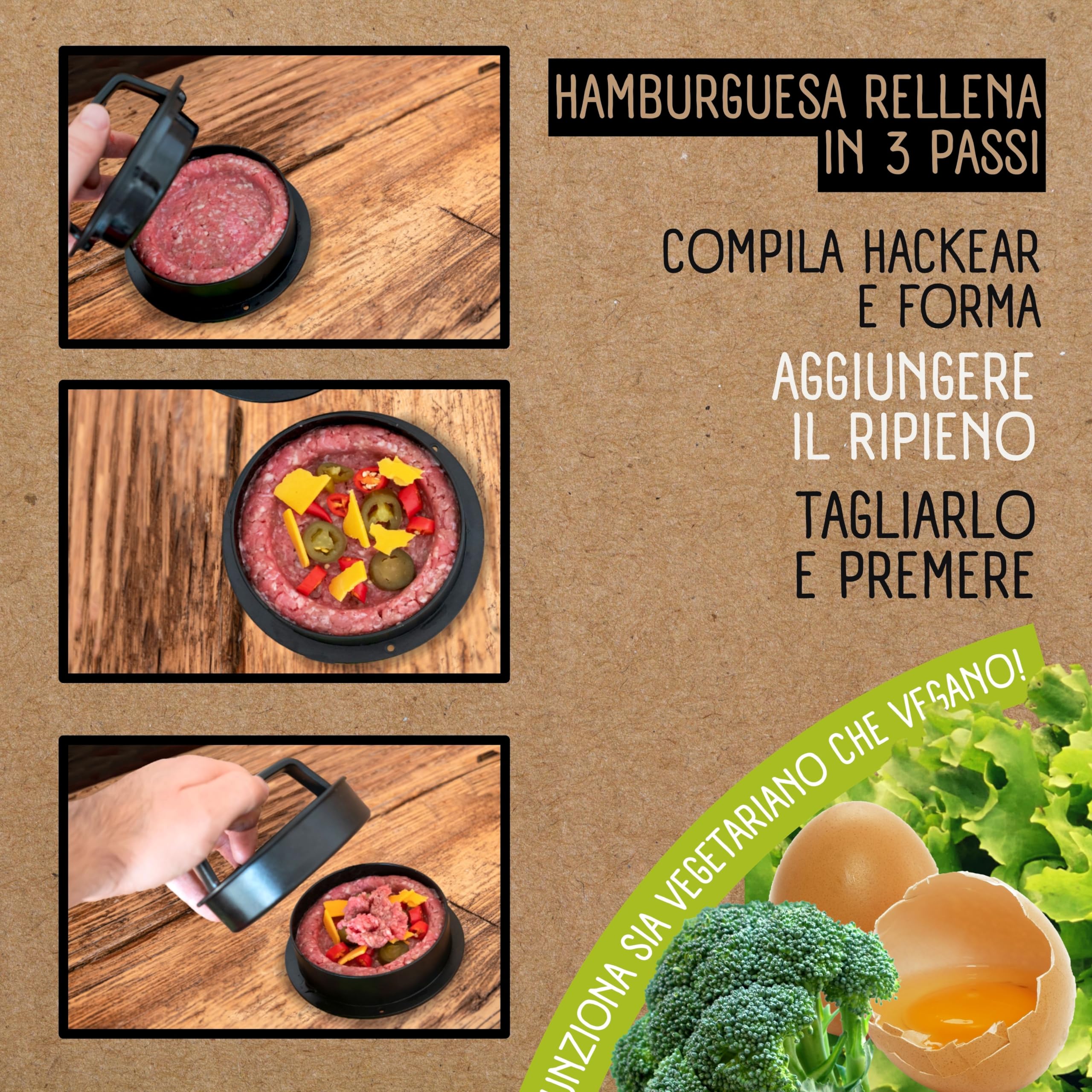 Pressa Hamburger e Pressa Stampa di Burger | +100 Carta Antiaderente | 4 Formati | Burger Ripiene e XXL | Pressa per Hamburger con Ricette