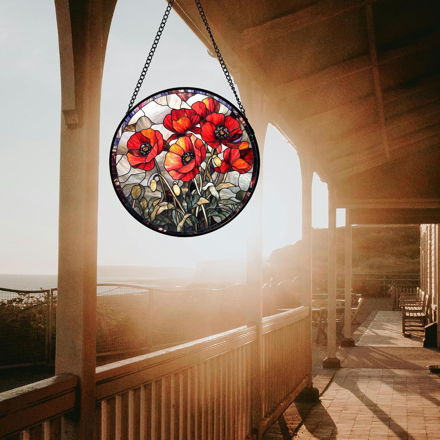 Stained Glass Window Hanging - Vintage Red Poppy Birth Flower Sun Catcher for Door Garden Home Decor Suncatcher Christmas Mother's Day Birthday Gifts for Women Mom Girl Nana Friend 11.8 in