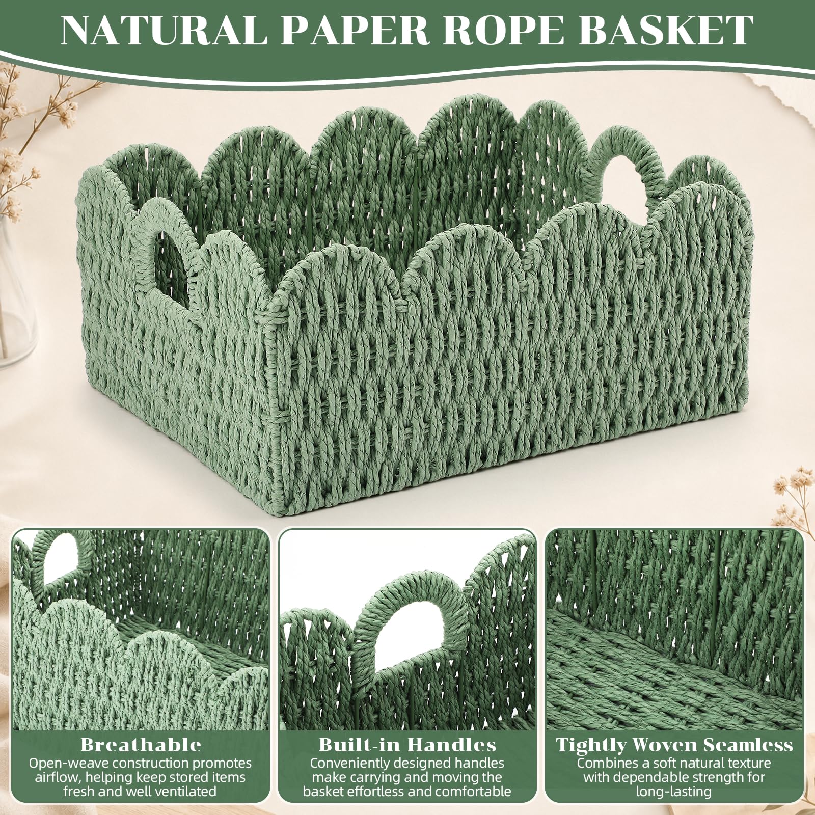 Newtay Juego de 3 cestas de mimbre festoneadas de cuerda de papel, cestas de almacenamiento de pañales, contenedores tejidos decorativos verde salvia con asas para estantes de guardería, libros