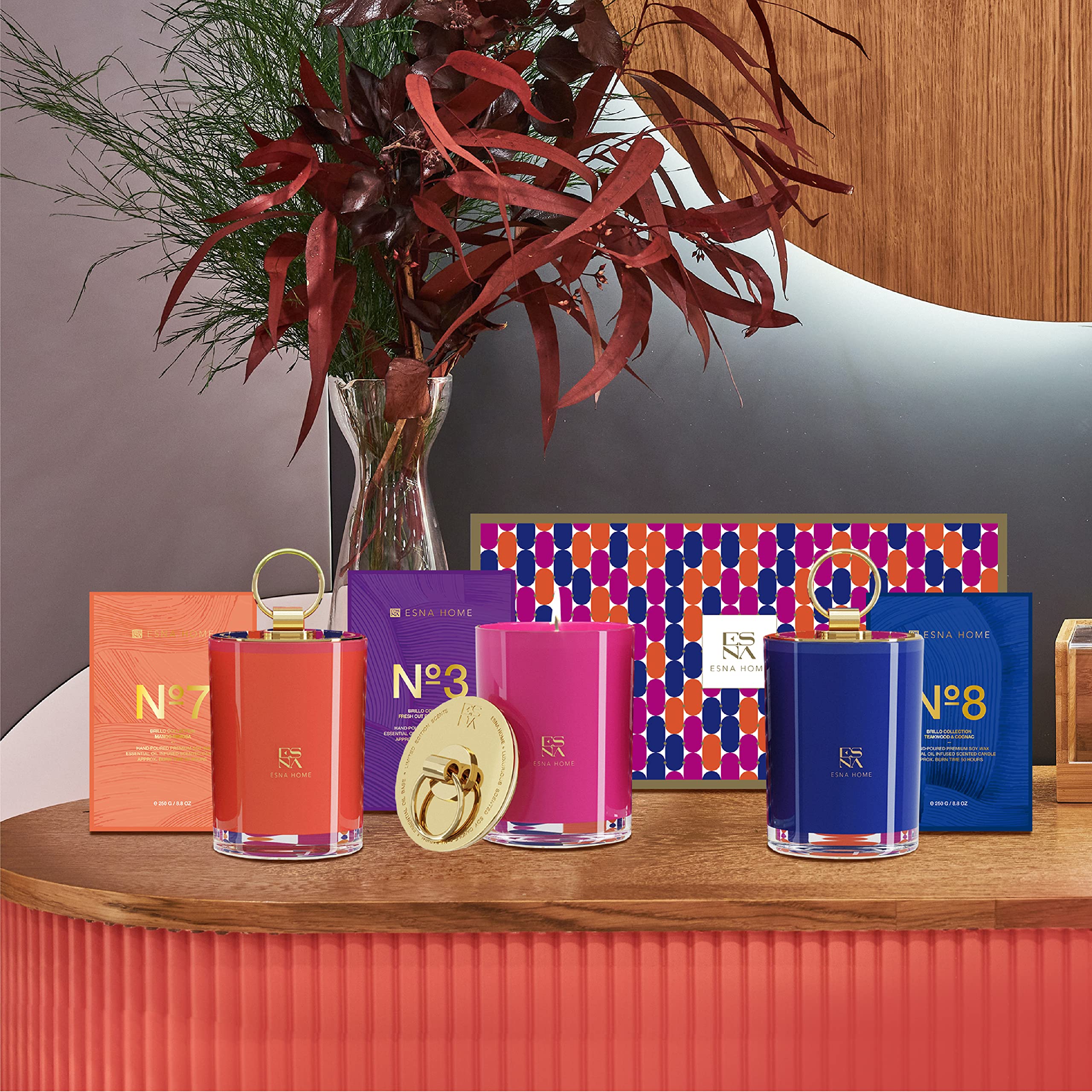 ESNA HOME Luxury Trio - Juego de regalo de temporada, 3 velas aromáticas de soja natural de tamaño completo, 150 horas de combustión limpia, regalos de inauguración de la casa para mujeres