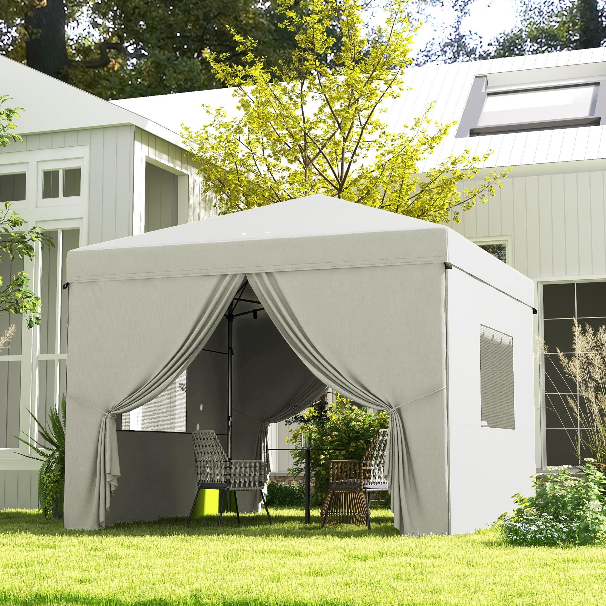 Outsunny Carpa Plegable Pop-Up 3x3 m Cenador de Jardín con 4 Paredes Laterales 2 Ventanas de Malla Altura Ajustable Bolsa de Transporte Impermeable y Anti-UV para Camping Fiestas Blanco