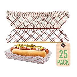 Mr Miracle 7 Inch Paper Hot Dog Tray in Red White Pattern. Pack of 25. Disposable, Recyclable and Fully Biodegradable. Made in USA