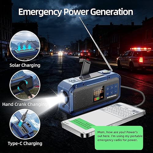 Vista 5 de Radio de emergencia portátil con AM FM NOAA, altavoz Bluetooth, batería recargable de 2000 mAh, carga solar de manivela USB-C, calidad de sonido Azul