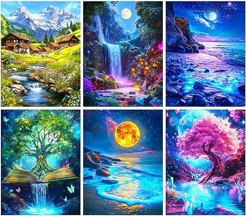 Miniatura 1 de LELEMON Paquete de 6 kits de arte de diamantes para adultos, kits de pintura de diamantes de paisaje para adultos, pinturas artísticas Dimond, kit