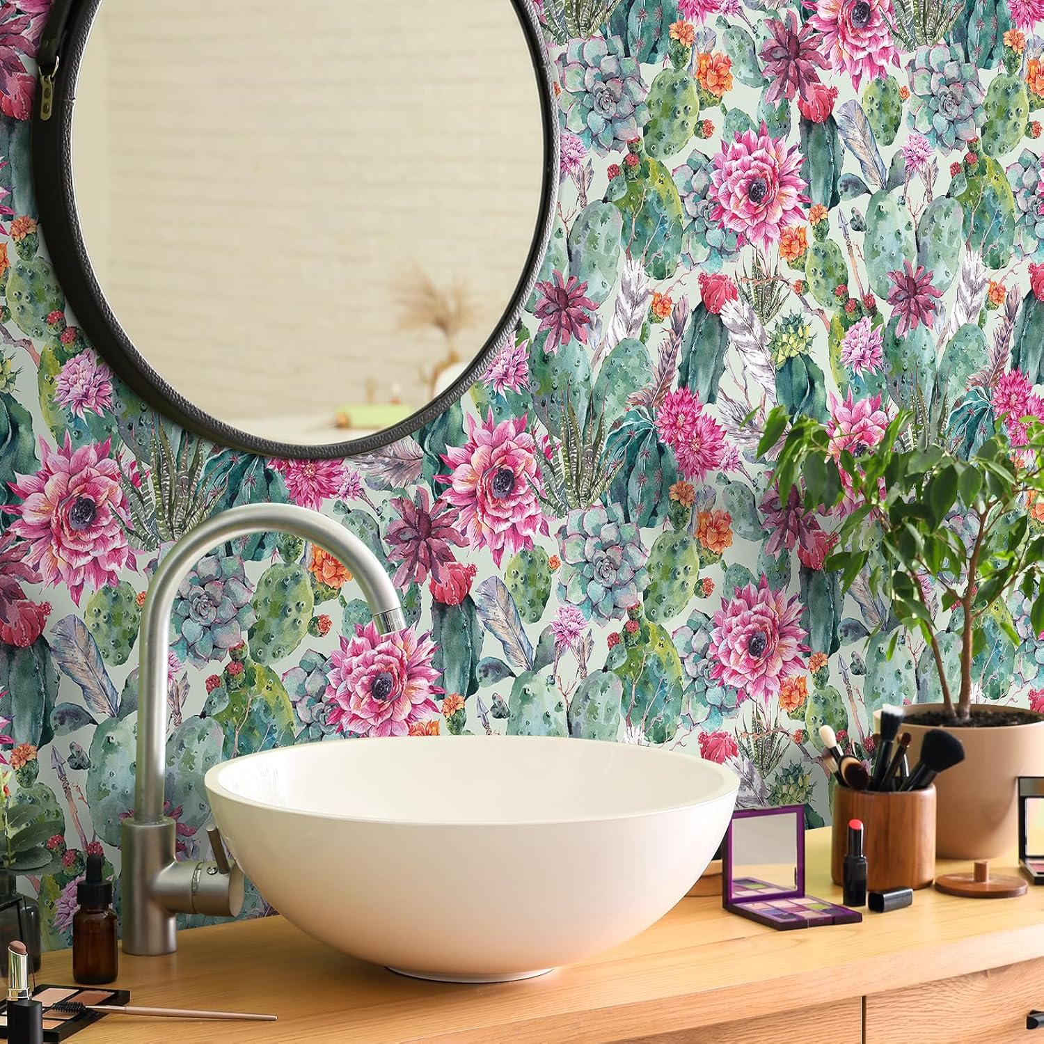 Livelynine Cactus Floral Wallpaper Peel and Stick Boho Pink Green Cactus Wall Paper Removable Desert Western Flower Contact Paper for Cabinets Drawers Shelves Self Adhesive Vinyl Wall Mural 17.5x78.8