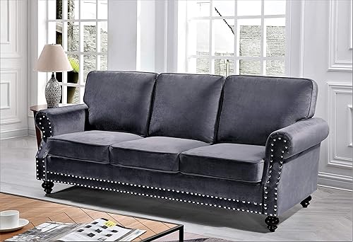 Miniatura 2 de Lotus - Sofá tapizado de terciopelo moderno de mediados de siglo con brazos enrollados, color gris fósil